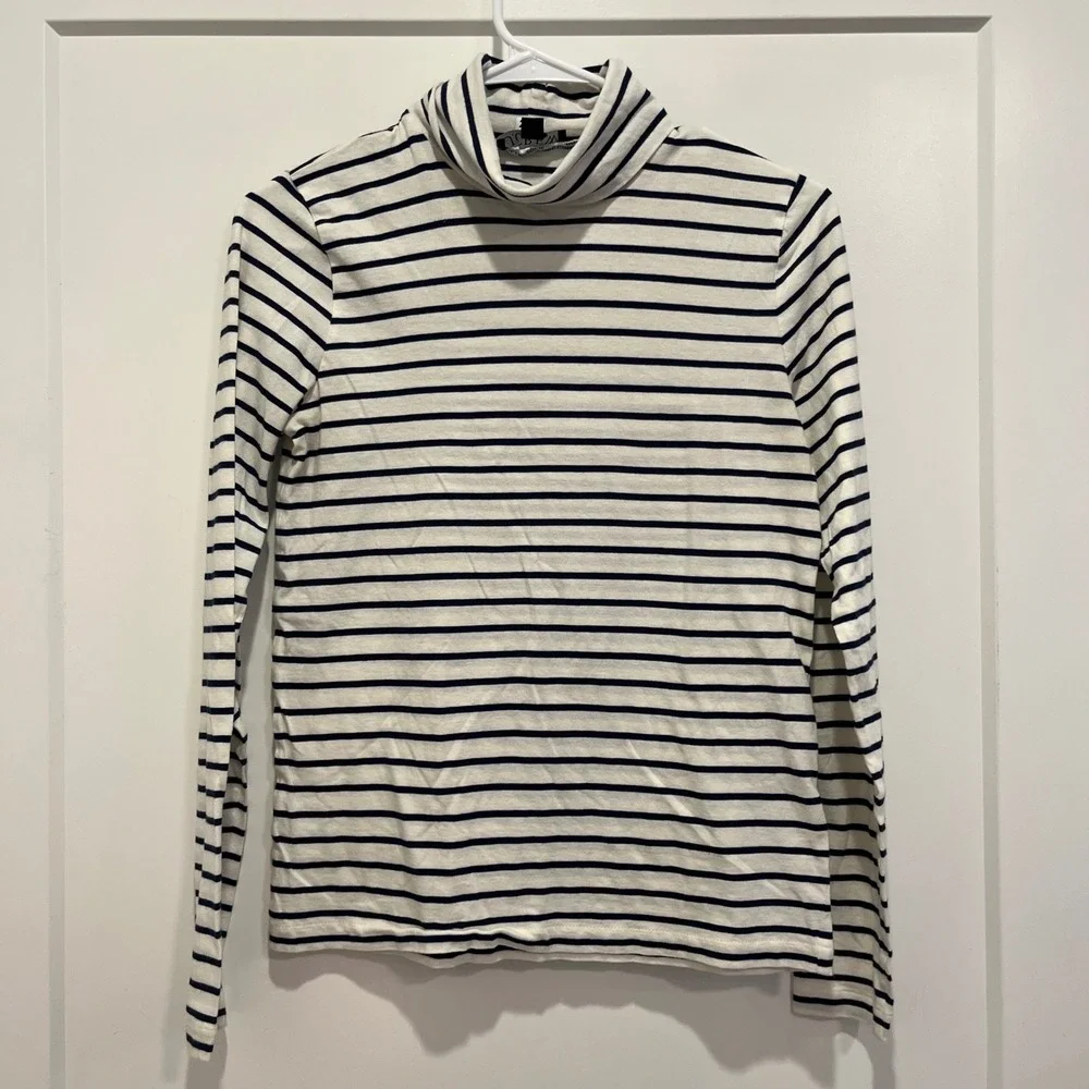 J. Crew Womens Striped Turtleneck Top Navy Blue White Long Sleeve Size S